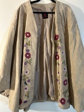 Adrienne Landau Beige Suede Cape with Purple and Pink Floral Embroidery